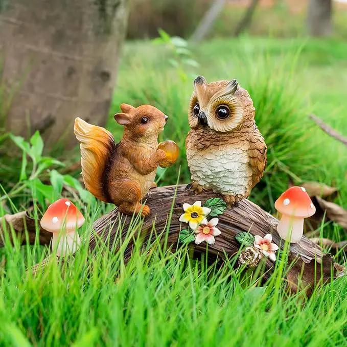 Solar Owl Garden Statues Outdoor Decor Resin Owl Squirrel Figurine with Mushroom Lights for Patio Lawn Yard Decorations Christmas Housewarming Gardening Gifts for Women Mom by GreenHaven Gardens