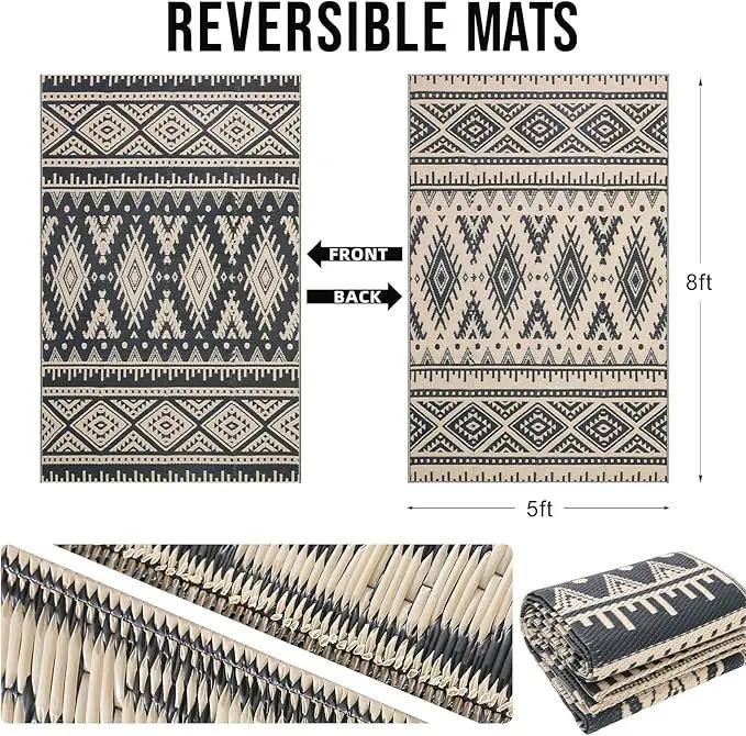 OLANLY Outdoor Rug Waterproof 5x8 ft, Reversible Outdoor Plastic Straw Rug, Boho Patio Rug, Indoor Outdoor Carpet, RV Mat Outside for Patio, Camp, Picnic, Balcony, Deck, Backyard, Black & Beige by GreenHaven Gardens