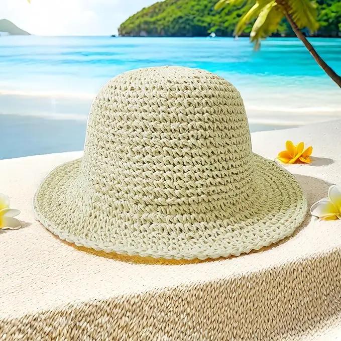 Womens Straw Beach Sun Hats, Foldable Packable Floppy Handmade Crochet Hats for Women,Large Summer Vacation Wide Brim Hat by GreenHaven Gardens