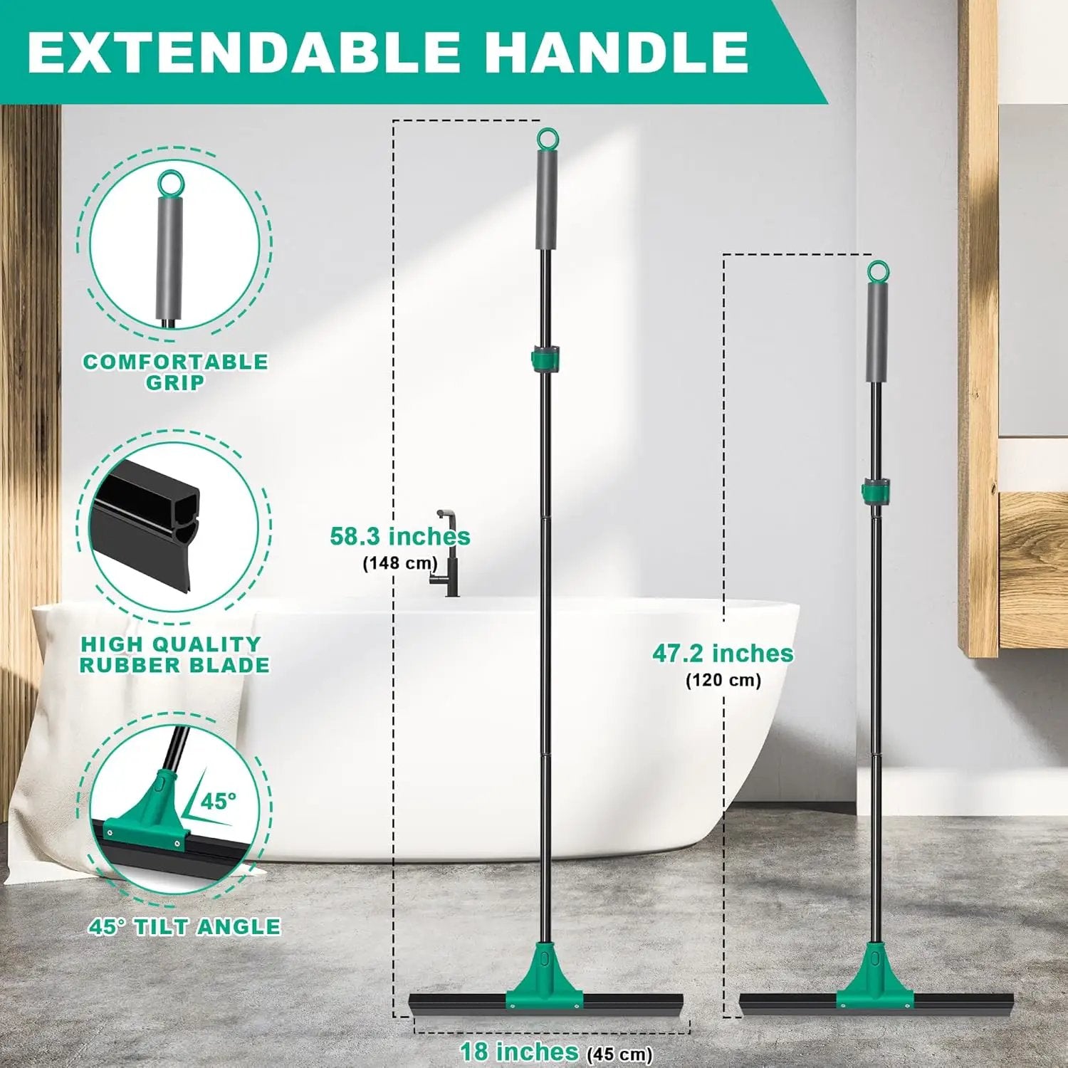 JEHONN Floor Squeegee Heavy Duty with 58.3 inches Long Handle, Rubber Scraper Broom for Cleaning Foam Water on Garage Concrete Bathroom Tile Marble Shower Glass Shop Deck Window Indoor Outdoor Green by GreenHaven Gardens