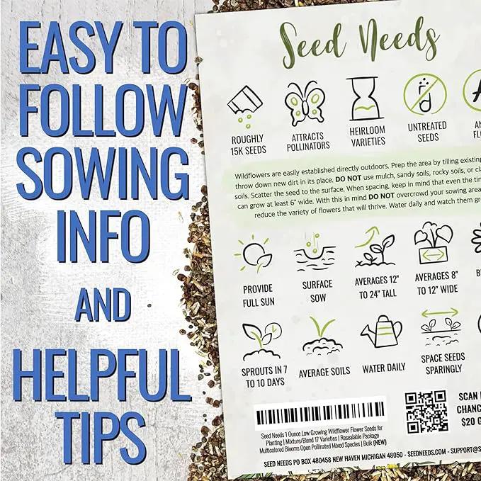 Seed Needs Low Growing Wildflower Flower Seeds for Planting | 10 Packs (1 Ounce Each) Mixture/Blend 17 Varieties | Resealable Package Multicolored Blooms Open Pollinated Mixed Species | Bulk by GreenHaven Gardens