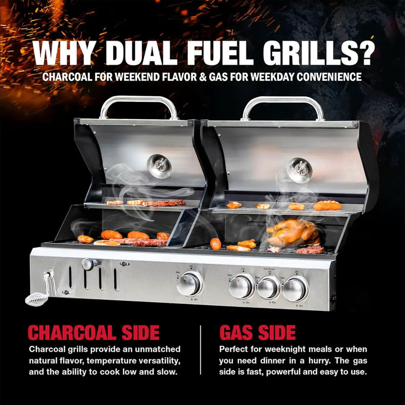 3 Burner Propane Gas and Charcoal Grill Combo with Side Burner & Porcelain-Enameled Cast Iron Grates, 37,000 BTUs 685 SQIN Dual Fuel Outdoor BBQ Grill for Patio Garden Picnic Backyard Barbecue Cooking by GreenHaven Gardens