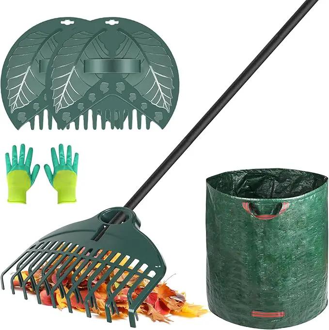 ORIENTOOLS 17Tines Double Row Garden Rake Set with 9Tines Leaf Hand Rakes, 272L Leaves Bin and Gardening Gloves for Scooping and Picking up Leaves, Clear and Collect Garden Rake Kit by GreenHaven Gardens