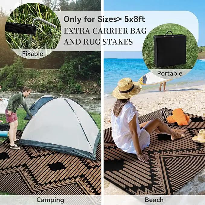 MontVoo Outdoor Rug-Waterproof Patio Rug Mat 5x8 Outdoor Carpet Mat Reversible Plastic Straw Outside Outdoor Rug for RV Camping Picnic Balcony Backyard Pool Deck Porch Modern Boho Black Brown by GreenHaven Gardens