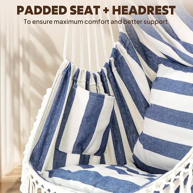 Chihee Hammock Chair Hanging Swing 2 Pillows Included,Strong Webbing Straps and Hooks for Easy Hanging Soft Cotton Hanging Chair Side Pocket Tassel Chair Comfort Indoor Outdoor Blue White by GreenHaven Gardens