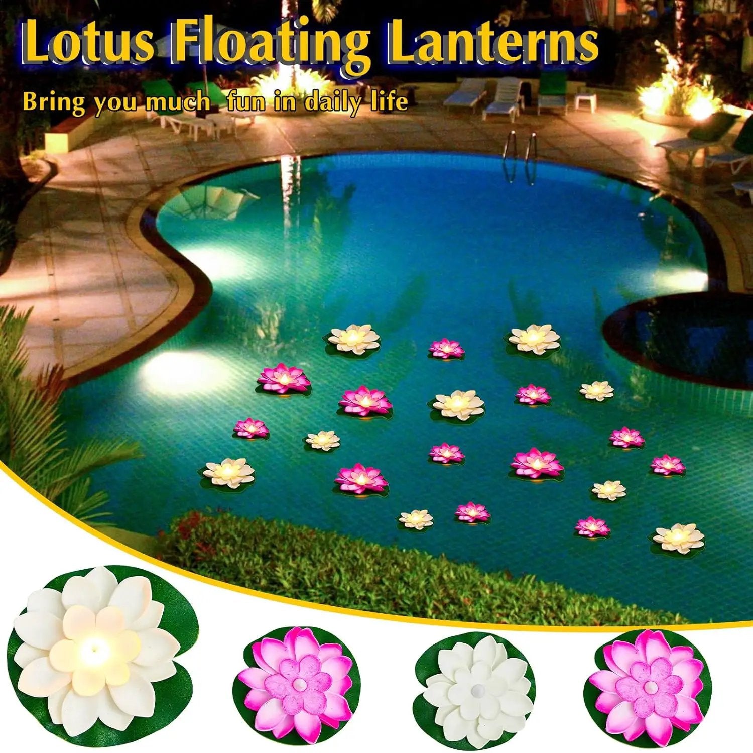 Liliful 24 Pcs Diwali Lotus Decoration Pool Floating Lights, Artificial Flowers Lotus with LED,Lily Pads Water Lantern for Indian Puja Home Decoration(3.94 Inch, 5.91 Inch,White, Pink) by GreenHaven Gardens