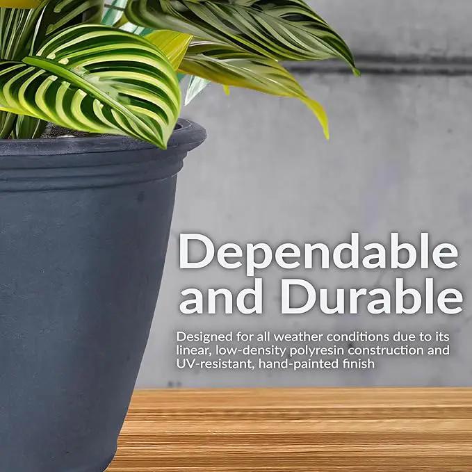Sunnydaze 24-Inch Anjelica Large Plastic Pot for Plants - Outdoor Polyresin Round Planter with Drillable Drainage Holes - Slate by GreenHaven Gardens
