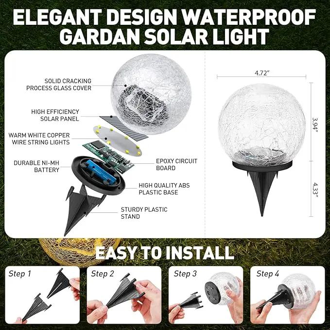 Garden Solar Lights Cracked Glass Ball Waterproof LED for Outdoor Decor Decorations Pathway Patio Yard Lawn, Warm White 2 Globe (4.7”) by GreenHaven Gardens