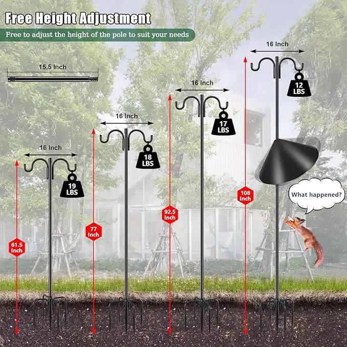 Gtongoko Bird Feeder Pole Squirrel Proof, 108 Inch Double Shepherds Hook for Outdoor with Squirrel Baffles Adjustable Heavy Duty with 5 Prongs Base for Hanging Plants, Bird Feeders, Black by GreenHaven Gardens
