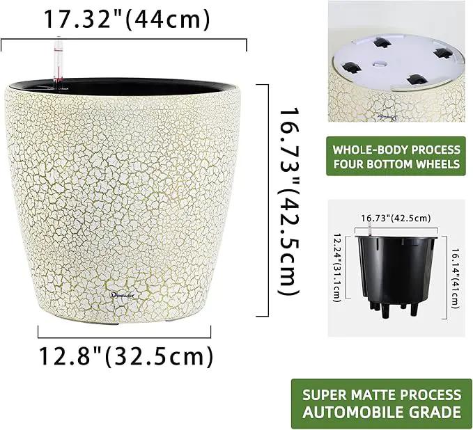 Dexceder 18x17 Self Watering Planter with Wheels Indoor Outdoor, Inner Pot Design, Thickened Large Floor Standing Flower Plant Pot with Water Level Indicator (White Gold Crackle) by GreenHaven Gardens