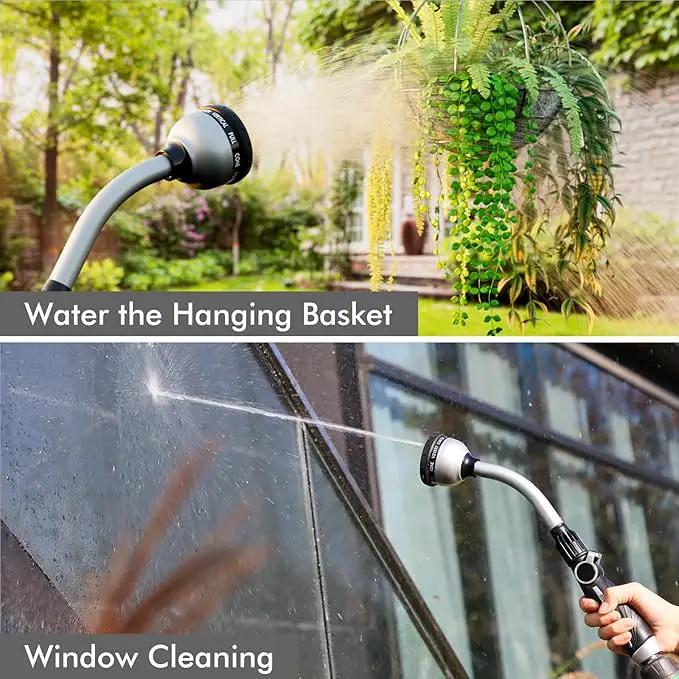 RESTMO Watering Wand Heavy Duty, Metal Garden Hose Wand with Thumb Flow Control, 15-Inch Long Hose Nozzle Sprayer with 10 Spray Patterns, Ideal to Water Hanging Baskets and Shrubs, Silver by GreenHaven Gardens