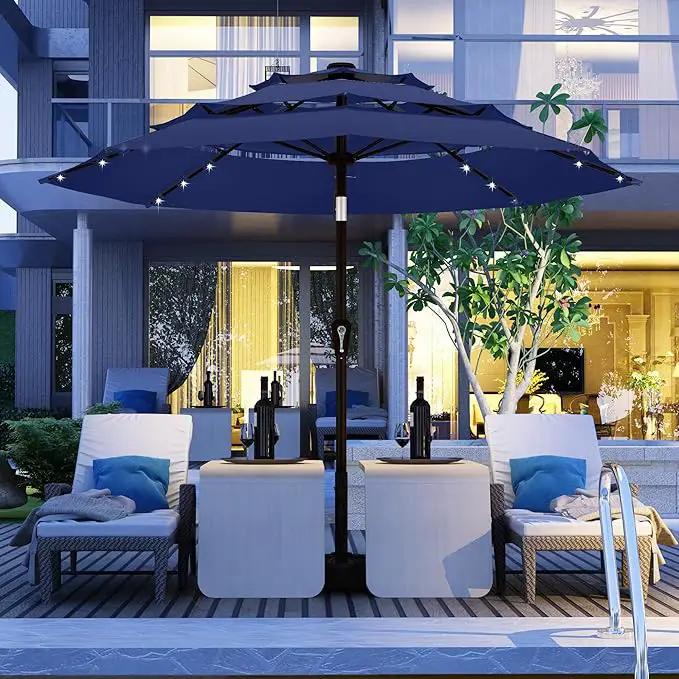 Kingdura 9ft 3-Tier Patio Umbrella with Solar Lights, Table Umbrella Outdoor Patio with Easy Crank & Tilt, 8 Sturdy Ribs, UV Protection, 32 LED Lights for Deck, Poolside, Market (Navy blue) by GreenHaven Gardens