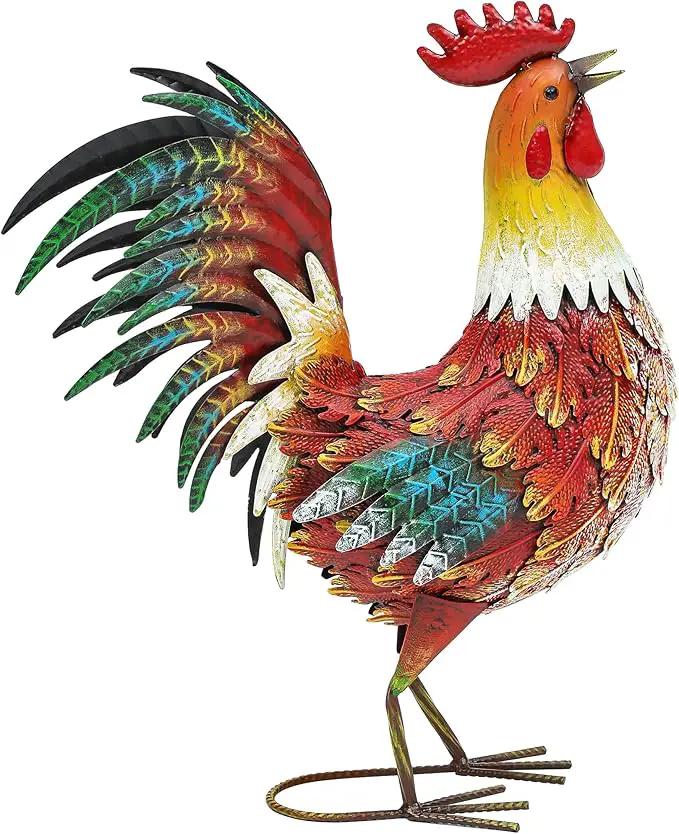 21" Metal Rooster Decor, Outdoor Garden Statues, Metal Chicken Sculpture for Backyard Patio Kitchen Decor by GreenHaven Gardens