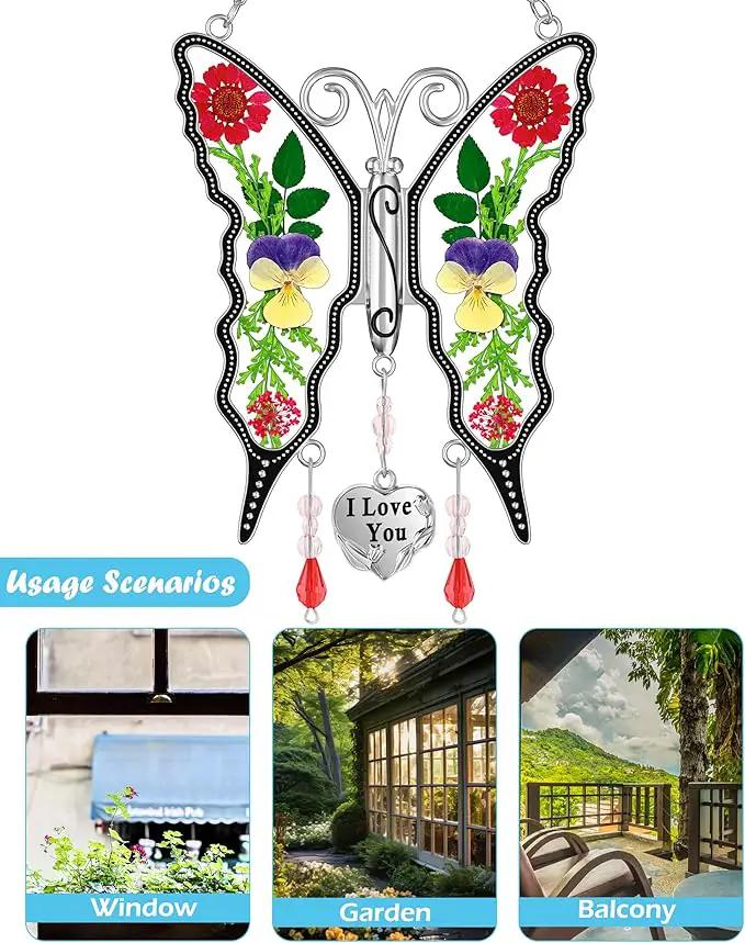 KY&BOSAM Butterfly Suncatcher I Love You Gifts for Mom for Windows Hangings Wind Chimes Pressed Flower Between Wings with Metal Heart Charm Birthday Gifts for Women Mother's Day Valentine's Christmas by GreenHaven Gardens