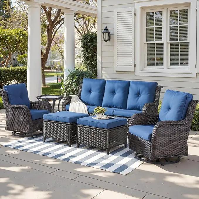 Outdoor Wicker Patio Furniture Set - 6 Piece Rattan Patio Conversation Set with 2 Rocking Swivel Chairs,2 Ottomans,1 Sofa and 1 Side Table for Porch Deck Backyard Garden(Brown/Blue) by GreenHaven Gardens