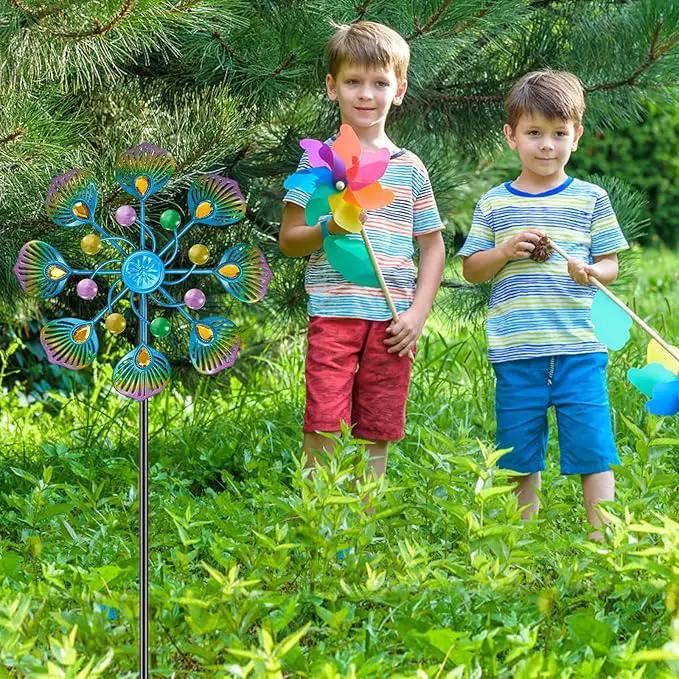 Peacock Wind Spinner Outdoor, Standing Wind Sculpture Yard Art Decorations, Metal Windmill for Patio Lawn & Garden Decor (2pcs-Blue Green) by GreenHaven Gardens