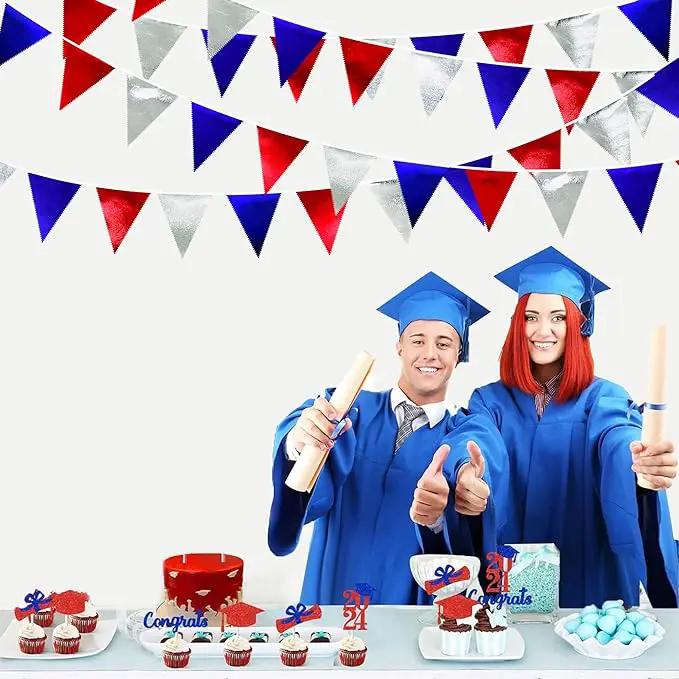 Red Blue Silver Party Decorations Metallic Fabric Triangle Pennant Banner Flag Bunting Garland for Graduations 4th of July American USA National Day Patriotic Veterans Birthday Outdoor Party Supplies by GreenHaven Gardens