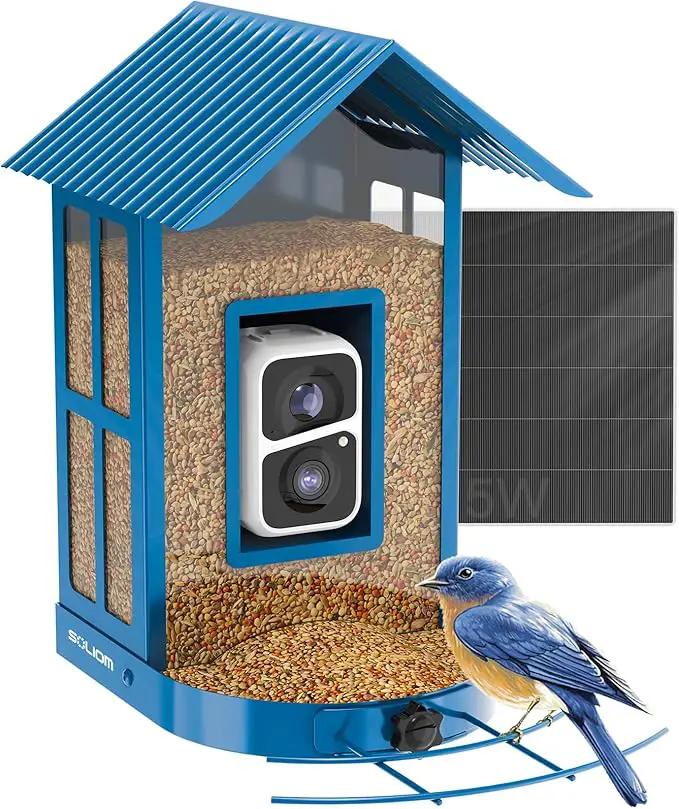 Bird Feeder with Camera with AI Identify Species, Wild Bird Watching, 2K Live View, Instant Arrival Alerts with 5W Solar Powered-Soliom BF08 Metal Blue by GreenHaven Gardens