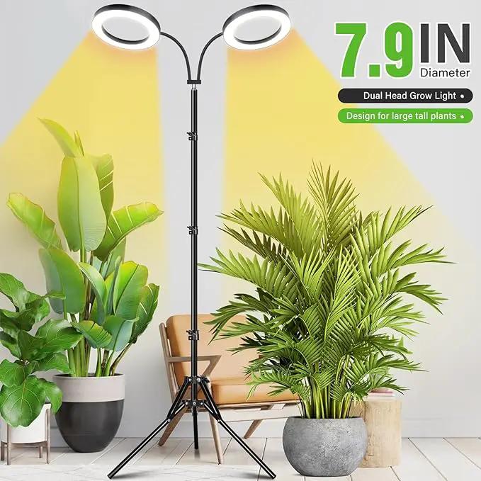 LORDEM Grow Light for Indoor Plants, 7.9" Diameter Dual-Head Plant Light for Plants Growing, Full Spectrum Growth Lamp with Auto Timer 3/6/12H, 4 Dimmable Levels, 3 Lighting Modes, Adjustable Stand