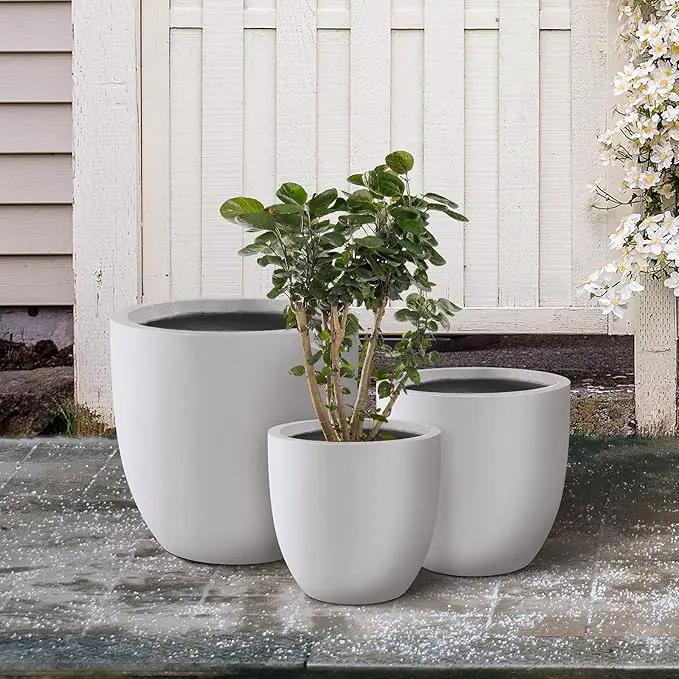 Kante 18",14",10" Dia Concrete Round Planters (Set of 3), Outdoor Indoor Large Planter Pots with Drainage Hole and Rubber Plug for Home Patio Garden, Pure White by GreenHaven Gardens