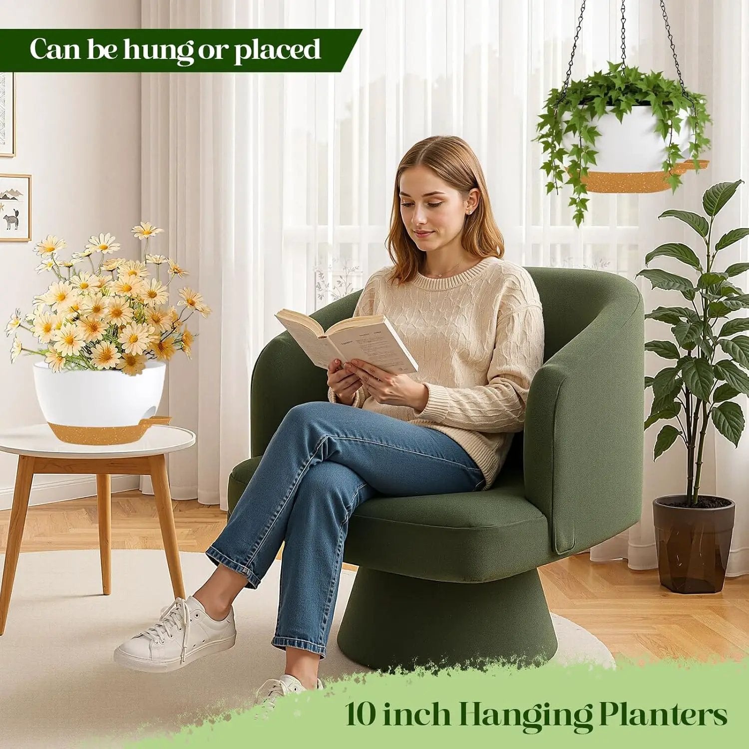 10 Inch Hanging Planters with Chains 2 Pack Self Watering White Brown Plastic Hanging Pots for Indoor Outdoor Plants, Garden Porch Home Decor (White Brown) by GreenHaven Gardens