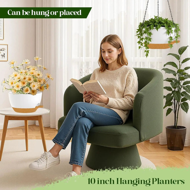 10 Inch Hanging Planters with Chains 2 Pack Self Watering White Brown Plastic Hanging Pots for Indoor Outdoor Plants, Garden Porch Home Decor (White Brown) by GreenHaven Gardens