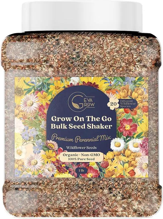 Bulk Wildflower Seed Shaker – Perennial Flower Seeds Mix to Plant Anywhere, by Geva Grow | 20 - Different Type Beautiful Perennial Wildflower Seeds Bulk 900,000+ Seeds, 1 Pound Tub by GreenHaven Gardens