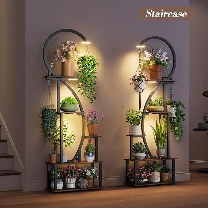Indoor Plant Stand with Grow Lights, Half-Heart Shape Metal Shelf with Multiple Wood Boards and Hooks for Hanging & Potted Plants, Tall LED Display Rack for Living Room, Balcony Décor by GreenHaven Gardens