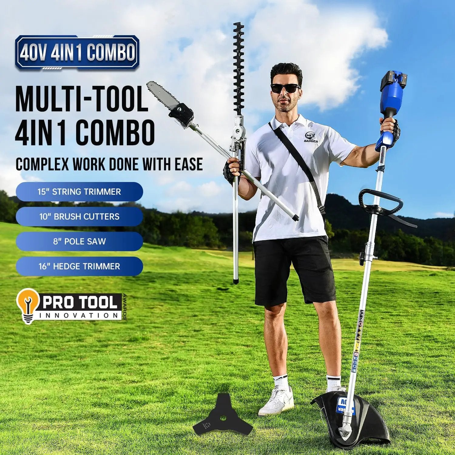 Wild Badger Power 40V Cordless Weed Wacker, String Trimmer/Edger, Hedge Trimmer and Brush Cutter Blade, Pole Saw, Attachment Capable 4-in-1 Multi-Tool Kit with 2 * 20V 4Ah Battery and 1 Charger, Blue by GreenHaven Gardens