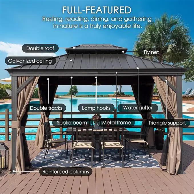 Kozyard Alexander 12‘ X 16’ Hardtop Aluminum Permanent Gazebo with a Mosquito Net and Privacy Sidewalls, Permanent Gazebo Pavilion for Patio, Backyard (Alexander 12'x16' (Brown)) by GreenHaven Gardens