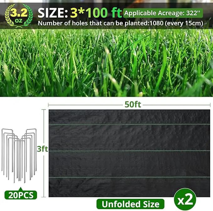 3ft x 100ft Weed Barrier Landscape Fabric, 3.2oz Heavy Duty Woven Geotextile with 20 U-Shaped Pegs & Pre-Printed Cutting Lines, Ground Cover Colth Garden Bed Liner for Landscape, Driveway, Greenhouse by GreenHaven Gardens