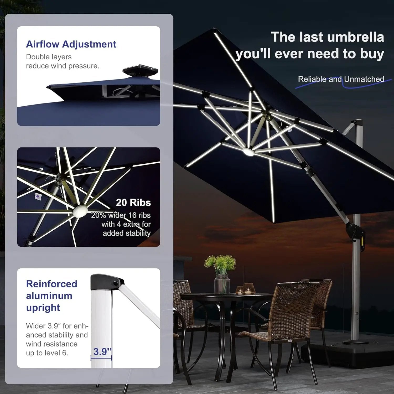 PURPLE LEAF 12 Ft Double Top Patio Cantilever Umbrella Outdoor Solar Powered LED Square Offset Large Garden Umbrella, Navy Blue by GreenHaven Gardens