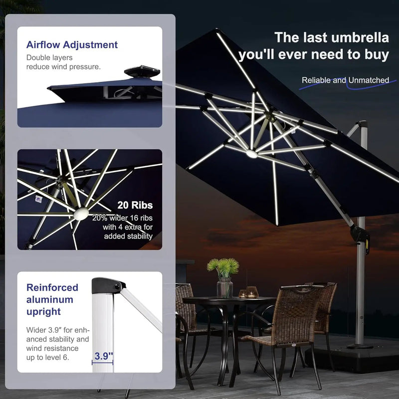 PURPLE LEAF 12 Ft Double Top Patio Cantilever Umbrella Outdoor Solar Powered LED Square Offset Large Garden Umbrella, Navy Blue by GreenHaven Gardens