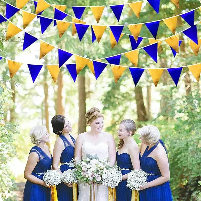 Royal Blue Gold Party Decoration Navy Blue Gold Triangle Pennant Banner Flag Metallic Fabric Bunting Garland for Graduation Birthday Wedding Retirement Bridal Shower Nautical Ahoy Achor Party Supplies by GreenHaven Gardens