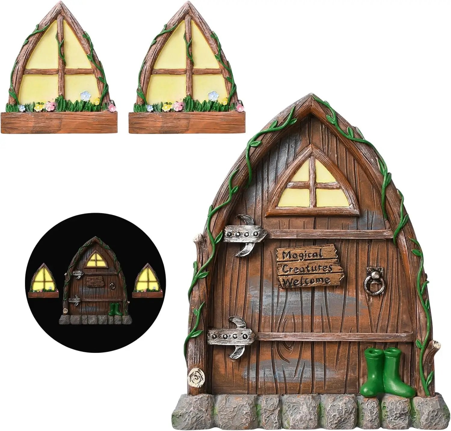 Resin Fairy Door and Window for Trees,Glow in The Dark,Miniature Fairy Garden Accessories,Garden Outdoor Decor for Trees,Gnomes House，Elf House by GreenHaven Gardens