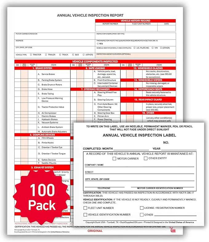 100 Pack 3-Ply Carbonless Annual Vehicle Inspection Report Forms with FMCSA 2-Ply Mylar Laminate Adhesive Vinyl Labels, DOT Inspection Forms and Stickers, Shrink-Wrapped, 8.5" x 11.75" - Made in USA by GreenHaven Gardens