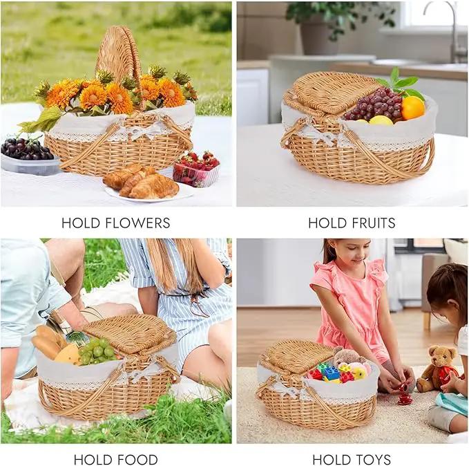 Happypicnic Wicker Picnic Basket with Handle, 15" Large Empty Picnic Basket with Lid & Removable Liner, Vintage Hand Woven Basket for Picnics, Camping, Veg Picking, Mother's Day, Thanksgiving (Solid) by GreenHaven Gardens