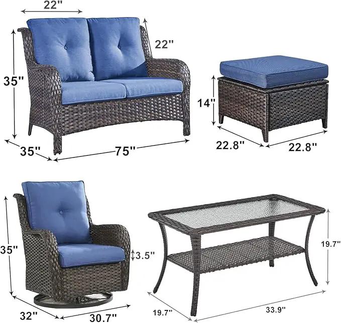 Outdoor Wicker Patio Furniture Set - 6 Piece Rattan Patio Conversation Set with 2 Rocking Swivel Chairs,2 Ottomans,1 Loveseat and 1 Coffee Table for Porch Deck Backyard Garden(Brown/Blue) by GreenHaven Gardens