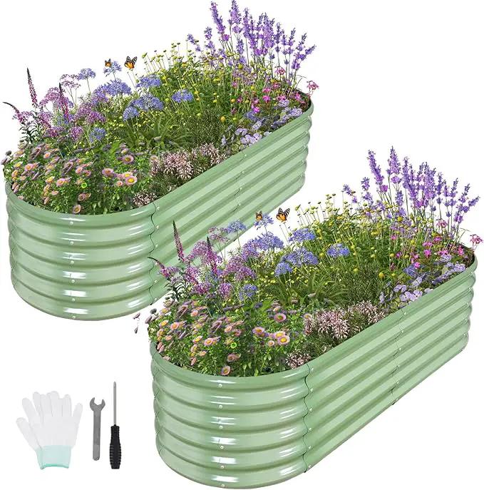 Galvanized Raised Garden Bed Outdoor- 2 Pcs Raised Beds for Gardening| Metal Planter Box, Steel Raised Garden Bed Kit with Gloves for Vegetables, Flower, Herbs (6x2x1.4FT, Green) by GreenHaven Gardens