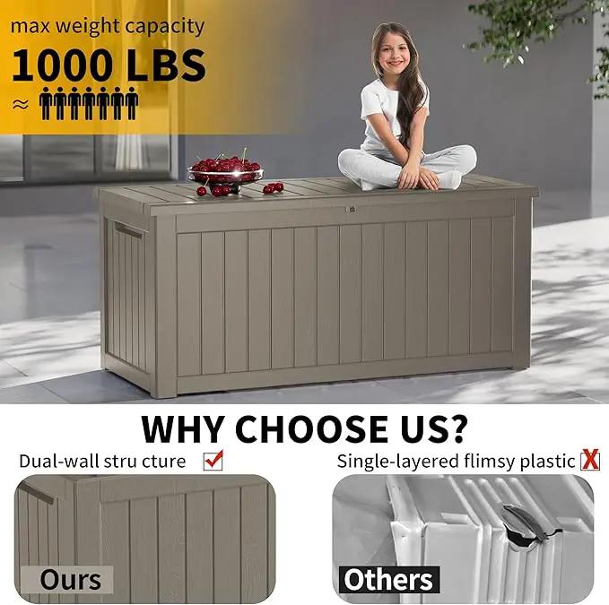 270 Gallon Outdoor Storage Box Patio Deck Box Waterproof, Resin Lockable Outside Large Storage Bin for Pool Cushion Furniture, Garden Tools UV-Resistant, Grey by GreenHaven Gardens