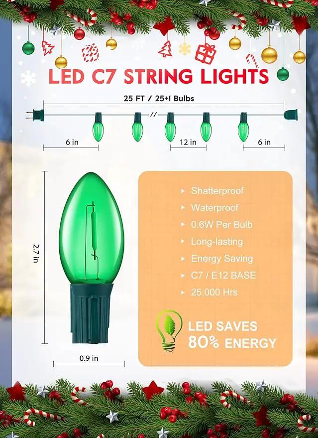Green C7 LED Christmas String Lights, 25FT Shatterproof Christmas Lights with 25+1 Bulbs, Outdoor String Lights for Christmas Tree Patio Roofline Garden Yard Party Backyard Holiday Decorations by GreenHaven Gardens