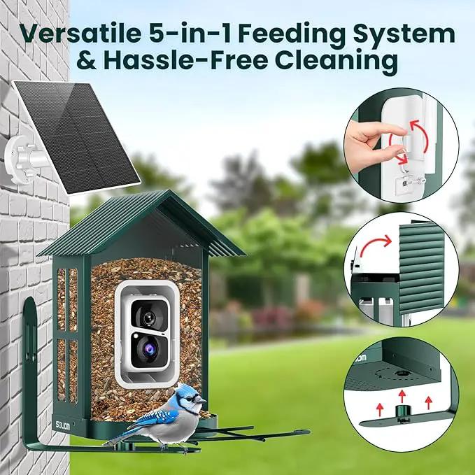 SOLIOM Solar Bird Feeder with Camera for Outdoors - AI Smart Birdhouse, 2K Live View & Instant Alerts, Squirrel Proof - Perfect Bird Watching Gift (Green) by GreenHaven Gardens