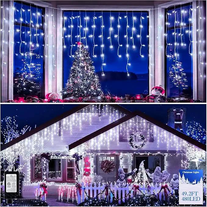 480 LED 49FT Christmas Lights Plug in 8 Modes with Timer Dimmable Christmas Decorations Outdoor Waterproof Indoor Curtain String Lights for Roof Porch Garden Holiday Wedding Party Decor Cool White by GreenHaven Gardens