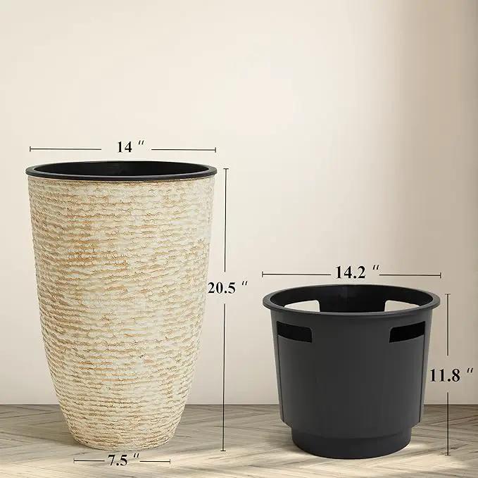 WORTH Garden 2-Pack 21" H. Beige Tall Planters with Inside Pots - 14'' Dia Plastic Large Round Plant Tree Pots - Decorative Imitation Stone Finish for Indoor Outdoor Front Porch Container Patio by GreenHaven Gardens