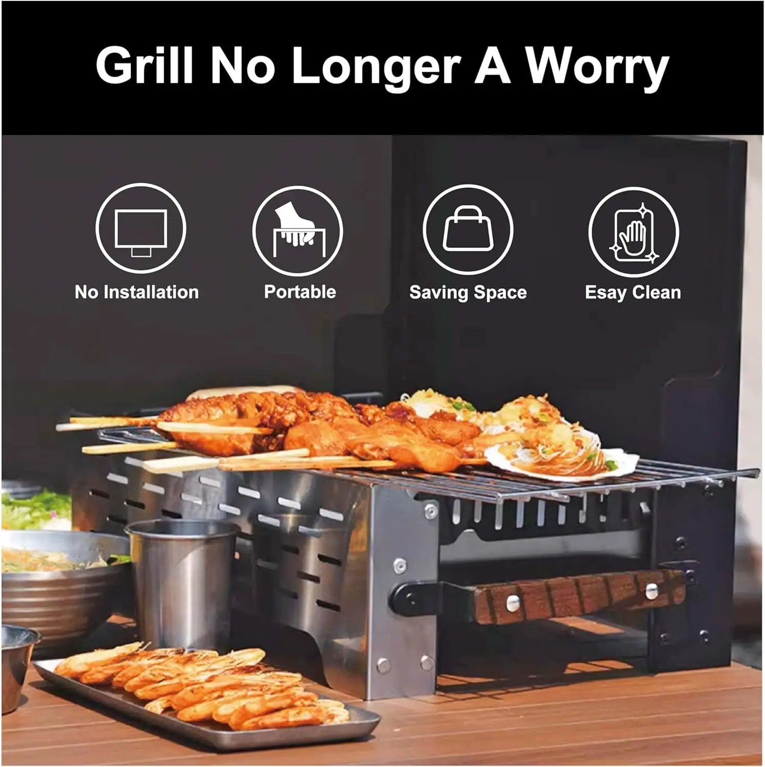 Charmline 19x13in Foldable Portable Grill Charcoal, Compact Grills for Outdoor Use, Desktop Charcoal Grill for Indoor Use, BBQ Grill for Camping, Picnics, Gardens and Beach Parties, Black by GreenHaven Gardens