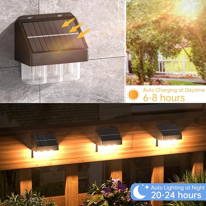 AOSEA Solar Fence Lights Waterproof, Deck Lights Solar Powered with Tungsten Bulbs, Solar Outdoor Lights for Garden Decor, Yard, Patio, Fence, 4 Pack (Warm White), Black, WL-L-003B-4PACK-24 by GreenHaven Gardens
