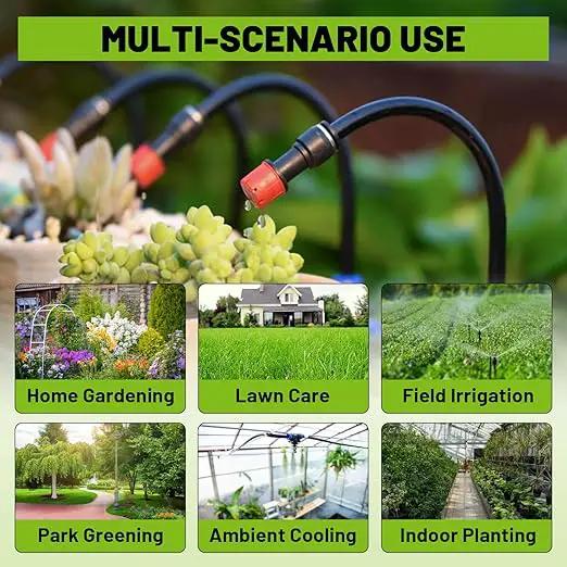 Garden Drip Irrigation Kit, 100ft Black Hose, 360° Pure Copper Closeable Nozzle, Patio Misting Plant Watering Sprinkler, Faucet Separator, Sprinkler Hose Adapter (24 360° nozzles + 24 T-connectors) by GreenHaven Gardens