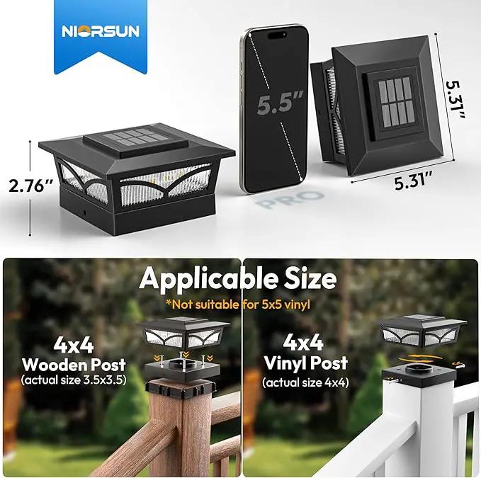 NIORSUN Solar Post Cap Lights Outdoor, 2 Modes LED, Deck Fence Post Solar Lights for 3.5x3.5 4x4 Caps Patio Garden Decoration, Warm White/Cool White Lighting Black 6 Pack by GreenHaven Gardens