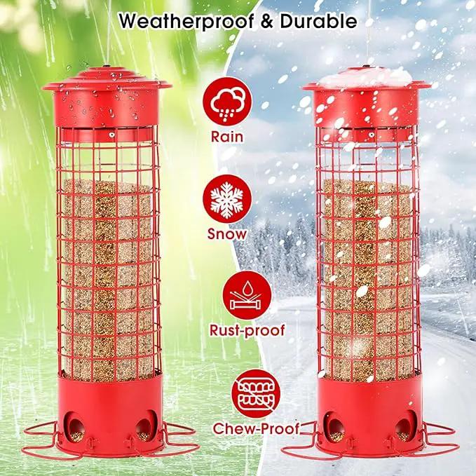 Squirrel Proof Bird Feeder for Outdoors, Weatherproof Metal Feeder, 4.5 lb Large Capacity, Weight-Activated Perches, Hanging Feeder for Cardinals, Finches, Wild Birds, Red by GreenHaven Gardens