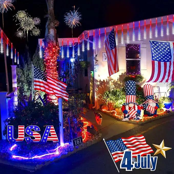 KNONEW 24 Tube Red White and Blue Meteor Shower Lights 4th of July Decorations,16 in 672 LEDs String Lights,52FT Plug in Waterproof Outdoor Lights for Independence Day House Tree Party Decor by GreenHaven Gardens